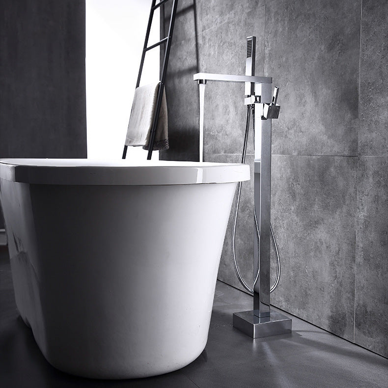Modern Freestanding Tub Filler Trim Copper Floor Mounted Freestanding Bathtub Faucet Chrome Square Rectangle Ground Clearhalo 'Bathroom Remodel & Bathroom Fixtures' 'Bathtub Faucets' 'bathtub_faucets' 'Home Improvement' 'home_improvement' 'home_improvement_bathtub_faucets' 6321184
