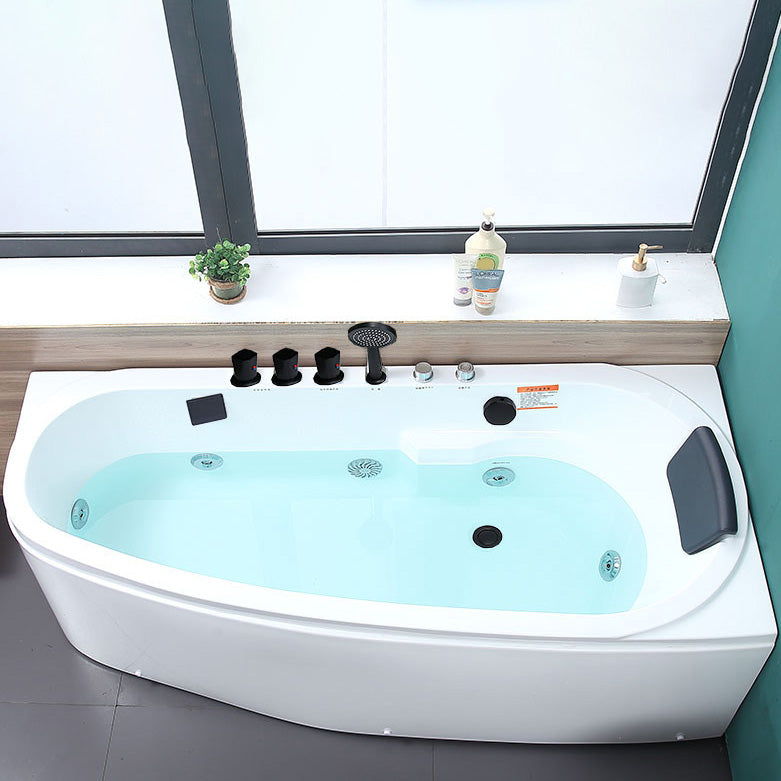 Corner Acrylic Bathroom Bath Tub Modern Back to Wall Soaking Tub 59.1"L x 29.9"W x 22.8"H Massage Tub with Black 5-Piece Set Clearhalo 'Bathroom Remodel & Bathroom Fixtures' 'Bathtubs' 'Home Improvement' 'home_improvement' 'home_improvement_bathtubs' 'Showers & Bathtubs' 6323237