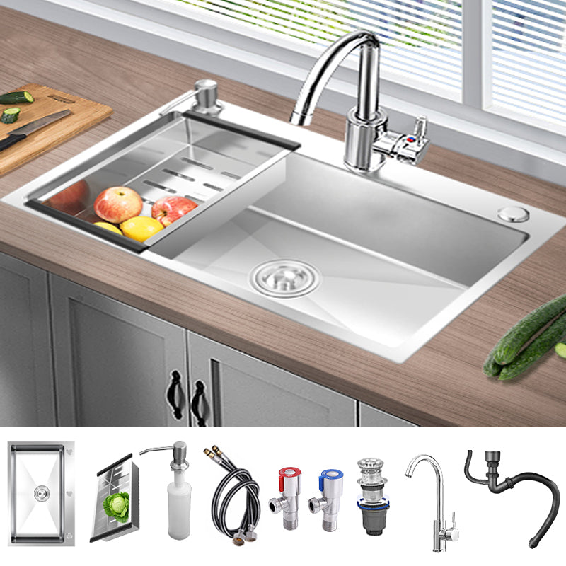 Contemporary Kitchen Sink Stainless Steel Kitchen Sink with Drain Strainer Kit Sink with Faucet Round Faucet Clearhalo 'Home Improvement' 'home_improvement' 'home_improvement_kitchen_sinks' 'Kitchen Remodel & Kitchen Fixtures' 'Kitchen Sinks & Faucet Components' 'Kitchen Sinks' 'kitchen_sinks' 6327837