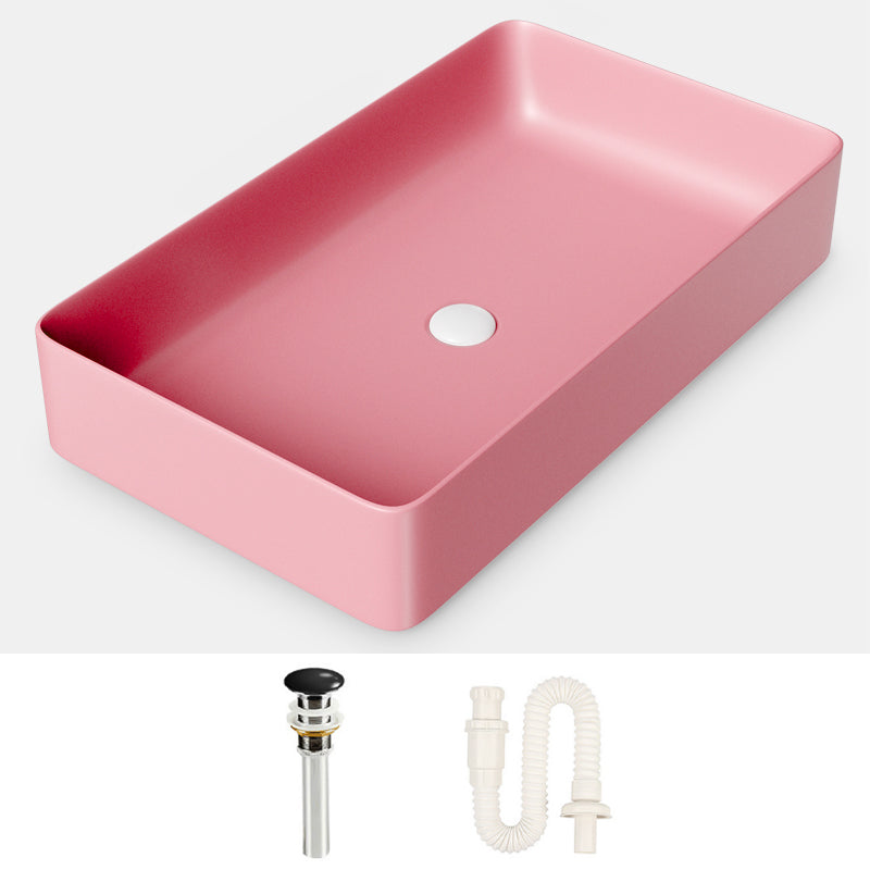 Modern Bathroom Sink Porcelain Rectangular with Drain Assembly and Faucet Vessel Sink Pink Sink Clearhalo 'Bathroom Remodel & Bathroom Fixtures' 'Bathroom Sinks & Faucet Components' 'Bathroom Sinks' 'bathroom_sink' 'Home Improvement' 'home_improvement' 'home_improvement_bathroom_sink' 6328086