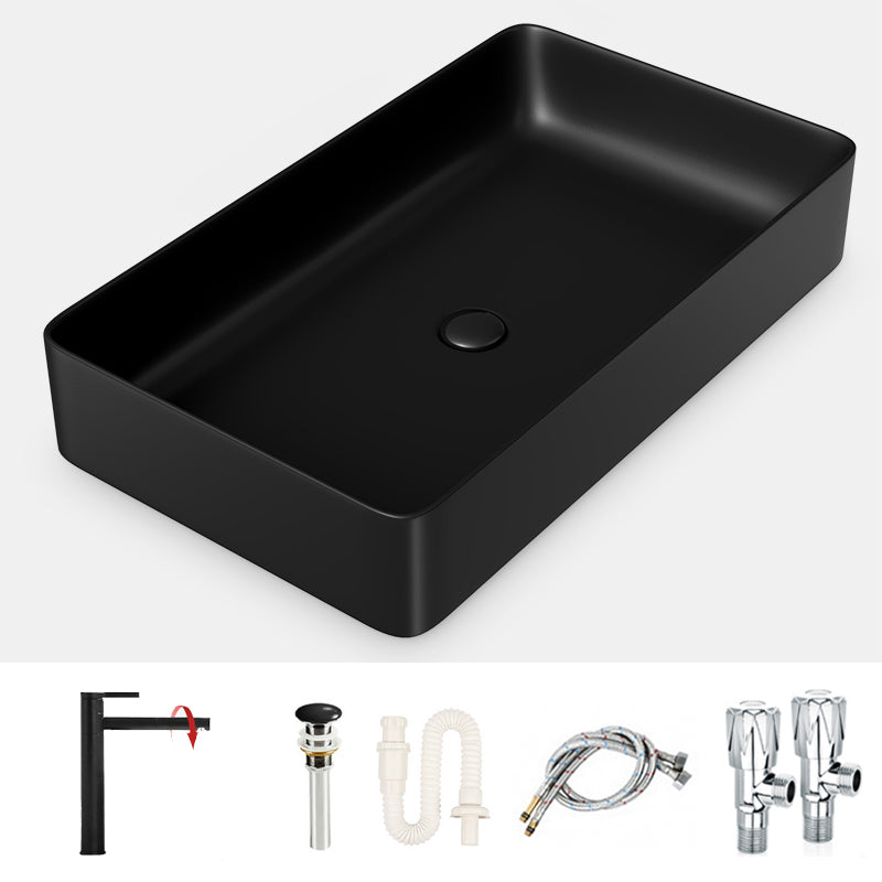 Modern Bathroom Sink Porcelain Rectangular with Drain Assembly and Faucet Vessel Sink Black Sink with Faucet Clearhalo 'Bathroom Remodel & Bathroom Fixtures' 'Bathroom Sinks & Faucet Components' 'Bathroom Sinks' 'bathroom_sink' 'Home Improvement' 'home_improvement' 'home_improvement_bathroom_sink' 6328097
