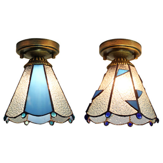 Stained Glass Cone Flush Light Tiffany 1 Light Lodge Style Flush Ceiling Light in Clear/Blue for Corridor Clearhalo 'Ceiling Lights' 'Close To Ceiling Lights' 'Close to ceiling' 'Glass shade' 'Glass' 'Semi-flushmount' 'Tiffany close to ceiling' 'Tiffany' Lighting' 63280