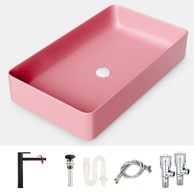 Modern Bathroom Sink Porcelain Rectangular with Drain Assembly and Faucet Vessel Sink Pink Sink with Faucet Clearhalo 'Bathroom Remodel & Bathroom Fixtures' 'Bathroom Sinks & Faucet Components' 'Bathroom Sinks' 'bathroom_sink' 'Home Improvement' 'home_improvement' 'home_improvement_bathroom_sink' 6328101