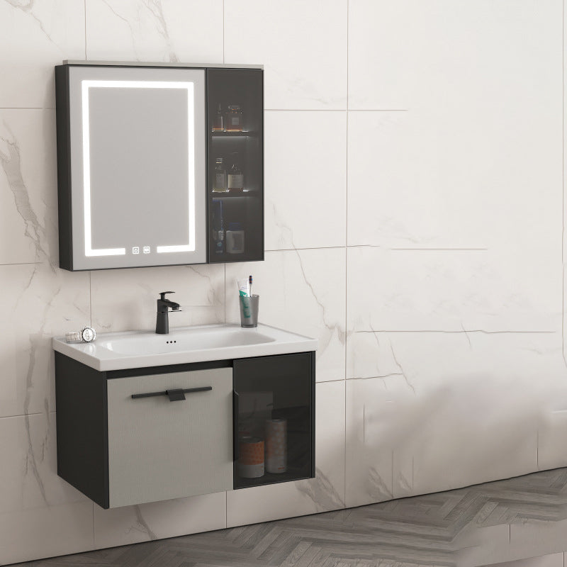 Contemporary Square Sink Cabinet Mirror Cabinet Bathroom Wall Mount Vanity Cabinet Vanity & Faucet & Mirror Cabinet 31.5"L x 18.5"W x 18.9"H Ceramic Clearhalo 'Bathroom Remodel & Bathroom Fixtures' 'Bathroom Vanities' 'bathroom_vanities' 'Home Improvement' 'home_improvement' 'home_improvement_bathroom_vanities' 6328194