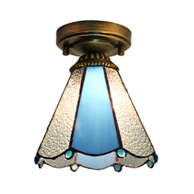 Stained Glass Cone Flush Light Tiffany 1 Light Lodge Style Flush Ceiling Light in Clear/Blue for Corridor Blue Clearhalo 'Ceiling Lights' 'Close To Ceiling Lights' 'Close to ceiling' 'Glass shade' 'Glass' 'Semi-flushmount' 'Tiffany close to ceiling' 'Tiffany' Lighting' 63282