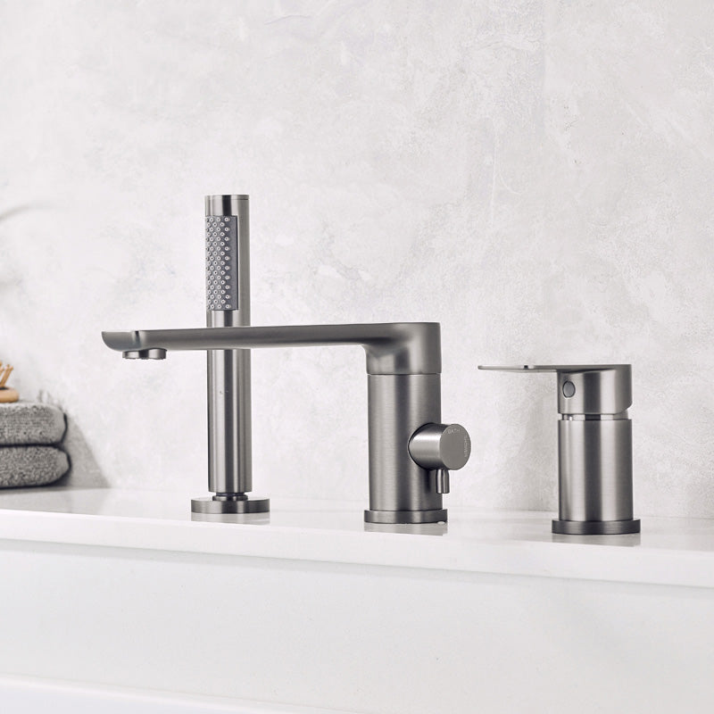 Modern Bathtub Faucet Deck Mounted Roman Tub Faucet Trim with Handshower Grey 3 Hole Faucets Clearhalo 'Bathroom Remodel & Bathroom Fixtures' 'Bathtub Faucets' 'bathtub_faucets' 'Home Improvement' 'home_improvement' 'home_improvement_bathtub_faucets' 6328307