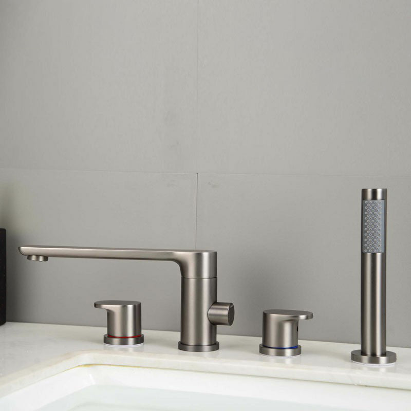 Modern Bathtub Faucet Deck Mounted Roman Tub Faucet Trim with Handshower Grey 4 Hole Faucets Clearhalo 'Bathroom Remodel & Bathroom Fixtures' 'Bathtub Faucets' 'bathtub_faucets' 'Home Improvement' 'home_improvement' 'home_improvement_bathtub_faucets' 6328310