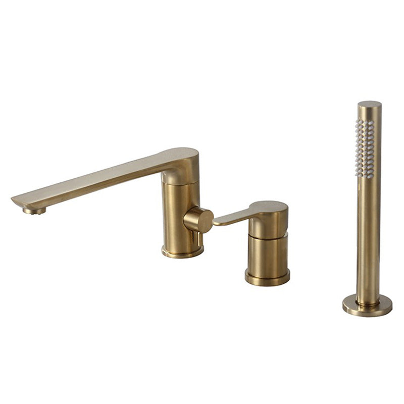 Modern Bathtub Faucet Deck Mounted Roman Tub Faucet Trim with Handshower Gold 3 Hole Faucets Clearhalo 'Bathroom Remodel & Bathroom Fixtures' 'Bathtub Faucets' 'bathtub_faucets' 'Home Improvement' 'home_improvement' 'home_improvement_bathtub_faucets' 6328312