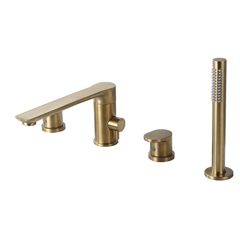Modern Bathtub Faucet Deck Mounted Roman Tub Faucet Trim with Handshower Gold 4 Hole Faucets Clearhalo 'Bathroom Remodel & Bathroom Fixtures' 'Bathtub Faucets' 'bathtub_faucets' 'Home Improvement' 'home_improvement' 'home_improvement_bathtub_faucets' 6328315