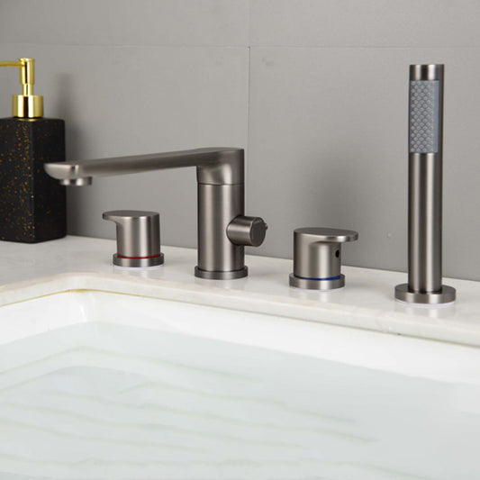 Modern Bathtub Faucet Deck Mounted Roman Tub Faucet Trim with Handshower Clearhalo 'Bathroom Remodel & Bathroom Fixtures' 'Bathtub Faucets' 'bathtub_faucets' 'Home Improvement' 'home_improvement' 'home_improvement_bathtub_faucets' 6328326