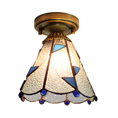 Stained Glass Dome Flush Light with Triangle/Blue Square/Blue Leaf/Square/Blue Diamond/Diamond Parrern 1 Light Mediterranean Flushmount in Brass Finish Brass Blue Leaf Clearhalo 'Ceiling Lights' 'Close To Ceiling Lights' 'Close to ceiling' 'Glass shade' 'Glass' 'Semi-flushmount' 'Tiffany close to ceiling' 'Tiffany' Lighting' 63291