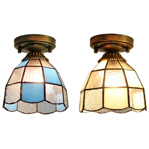 Stained Glass Dome Flush Light with Triangle/Blue Square/Blue Leaf/Square/Blue Diamond/Diamond Parrern 1 Light Mediterranean Flushmount in Brass Finish Clearhalo 'Ceiling Lights' 'Close To Ceiling Lights' 'Close to ceiling' 'Glass shade' 'Glass' 'Semi-flushmount' 'Tiffany close to ceiling' 'Tiffany' Lighting' 63293