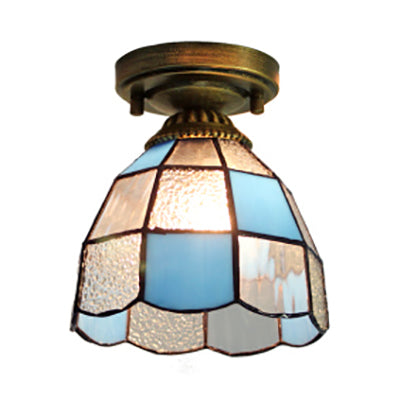 Stained Glass Dome Flush Light with Triangle/Blue Square/Blue Leaf/Square/Blue Diamond/Diamond Parrern 1 Light Mediterranean Flushmount in Brass Finish Brass Blue Square Clearhalo 'Ceiling Lights' 'Close To Ceiling Lights' 'Close to ceiling' 'Glass shade' 'Glass' 'Semi-flushmount' 'Tiffany close to ceiling' 'Tiffany' Lighting' 63294