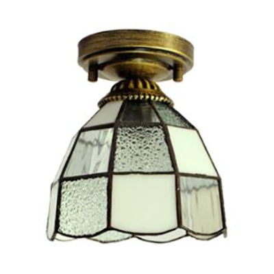 Stained Glass Dome Flush Light with Triangle/Blue Square/Blue Leaf/Square/Blue Diamond/Diamond Parrern 1 Light Mediterranean Flushmount in Brass Finish Clearhalo 'Ceiling Lights' 'Close To Ceiling Lights' 'Close to ceiling' 'Glass shade' 'Glass' 'Semi-flushmount' 'Tiffany close to ceiling' 'Tiffany' Lighting' 63296