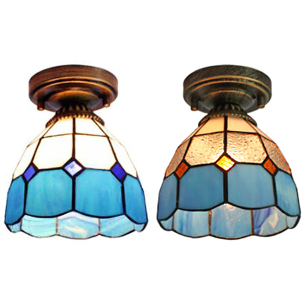 Stained Glass Dome Flush Light with Triangle/Blue Square/Blue Leaf/Square/Blue Diamond/Diamond Parrern 1 Light Mediterranean Flushmount in Brass Finish Clearhalo 'Ceiling Lights' 'Close To Ceiling Lights' 'Close to ceiling' 'Glass shade' 'Glass' 'Semi-flushmount' 'Tiffany close to ceiling' 'Tiffany' Lighting' 63297