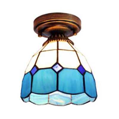 Stained Glass Dome Flush Light with Triangle/Blue Square/Blue Leaf/Square/Blue Diamond/Diamond Parrern 1 Light Mediterranean Flushmount in Brass Finish Clearhalo 'Ceiling Lights' 'Close To Ceiling Lights' 'Close to ceiling' 'Glass shade' 'Glass' 'Semi-flushmount' 'Tiffany close to ceiling' 'Tiffany' Lighting' 63298