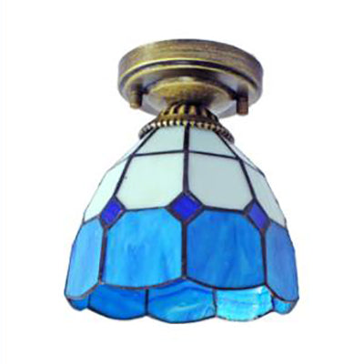 Stained Glass Dome Flush Light with Triangle/Blue Square/Blue Leaf/Square/Blue Diamond/Diamond Parrern 1 Light Mediterranean Flushmount in Brass Finish Clearhalo 'Ceiling Lights' 'Close To Ceiling Lights' 'Close to ceiling' 'Glass shade' 'Glass' 'Semi-flushmount' 'Tiffany close to ceiling' 'Tiffany' Lighting' 63299