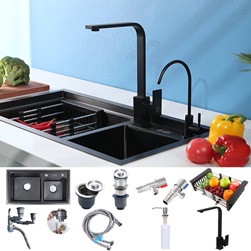 Modern Kitchen Sink Stainless Steel 2 Holes Drop-In Wear-resistant Kitchen Sink Sink with Faucet Square Faucet Clearhalo 'Home Improvement' 'home_improvement' 'home_improvement_kitchen_sinks' 'Kitchen Remodel & Kitchen Fixtures' 'Kitchen Sinks & Faucet Components' 'Kitchen Sinks' 'kitchen_sinks' 6330019