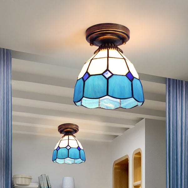 Stained Glass Dome Flush Light with Triangle/Blue Square/Blue Leaf/Square/Blue Diamond/Diamond Parrern 1 Light Mediterranean Flushmount in Brass Finish Clearhalo 'Ceiling Lights' 'Close To Ceiling Lights' 'Close to ceiling' 'Glass shade' 'Glass' 'Semi-flushmount' 'Tiffany close to ceiling' 'Tiffany' Lighting' 63301