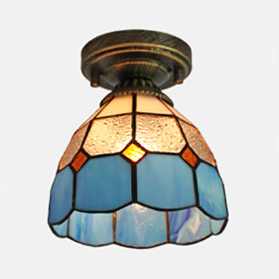 Stained Glass Dome Flush Light with Triangle/Blue Square/Blue Leaf/Square/Blue Diamond/Diamond Parrern 1 Light Mediterranean Flushmount in Brass Finish Brass Diamond Clearhalo 'Ceiling Lights' 'Close To Ceiling Lights' 'Close to ceiling' 'Glass shade' 'Glass' 'Semi-flushmount' 'Tiffany close to ceiling' 'Tiffany' Lighting' 63303