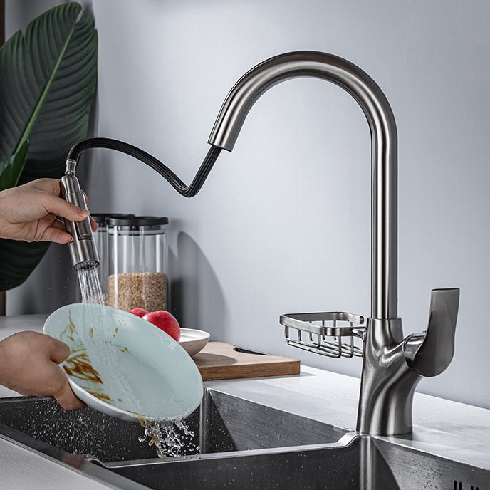 Modern Bar Faucet Brass Pulldown Sprayer Swivel Spout Kitchen Sink Faucet Clearhalo 'Home Improvement' 'home_improvement' 'home_improvement_kitchen_faucets' 'Kitchen Faucets' 'Kitchen Remodel & Kitchen Fixtures' 'Kitchen Sinks & Faucet Components' 'kitchen_faucets' 6333292