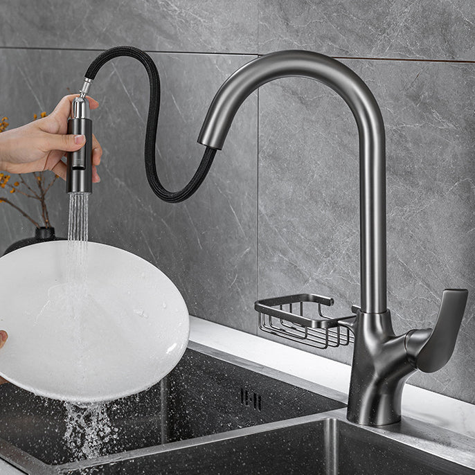 Modern Bar Faucet Brass Pulldown Sprayer Swivel Spout Kitchen Sink Faucet Clearhalo 'Home Improvement' 'home_improvement' 'home_improvement_kitchen_faucets' 'Kitchen Faucets' 'Kitchen Remodel & Kitchen Fixtures' 'Kitchen Sinks & Faucet Components' 'kitchen_faucets' 6333293