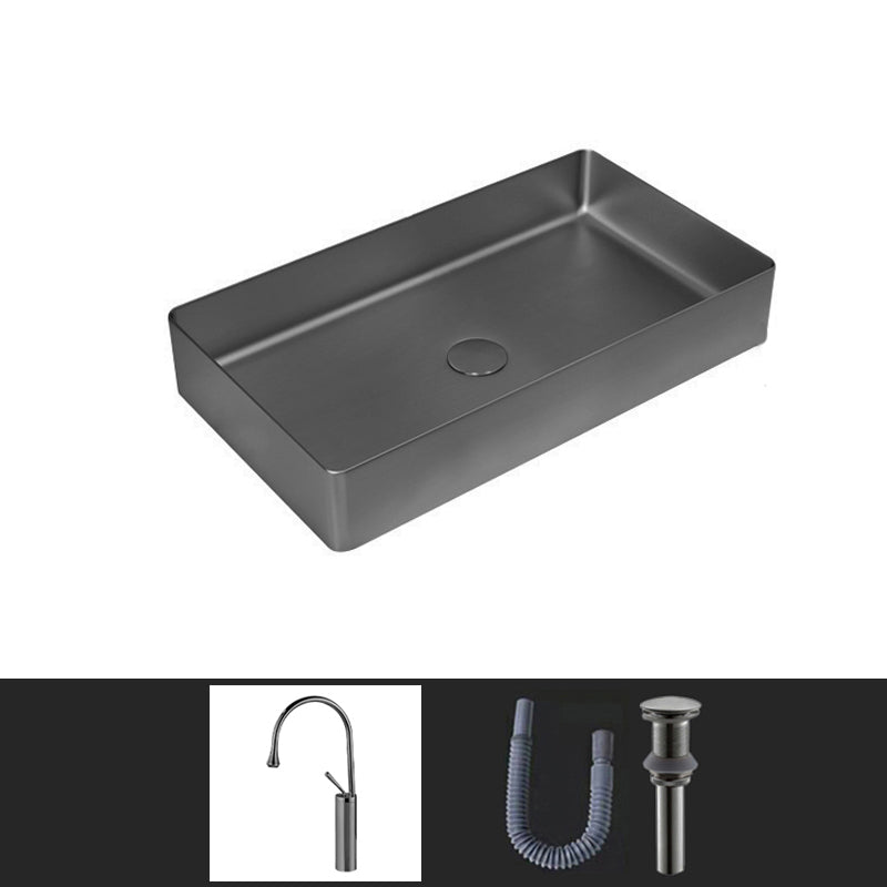 Contemporary Bathroom Sink Pop-Up Drain Metal Solid Color Rectangular Vessel Sink Grey Sink with Faucet Clearhalo 'Bathroom Remodel & Bathroom Fixtures' 'Bathroom Sinks & Faucet Components' 'Bathroom Sinks' 'bathroom_sink' 'Home Improvement' 'home_improvement' 'home_improvement_bathroom_sink' 6333609