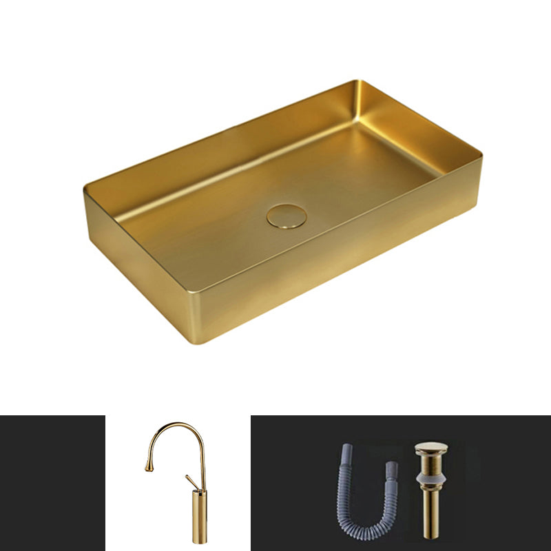 Contemporary Bathroom Sink Pop-Up Drain Metal Solid Color Rectangular Vessel Sink Gold Sink with Faucet Clearhalo 'Bathroom Remodel & Bathroom Fixtures' 'Bathroom Sinks & Faucet Components' 'Bathroom Sinks' 'bathroom_sink' 'Home Improvement' 'home_improvement' 'home_improvement_bathroom_sink' 6333619