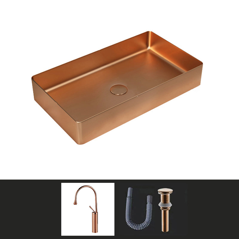 Contemporary Bathroom Sink Pop-Up Drain Metal Solid Color Rectangular Vessel Sink Rose Gold Sink with Faucet Clearhalo 'Bathroom Remodel & Bathroom Fixtures' 'Bathroom Sinks & Faucet Components' 'Bathroom Sinks' 'bathroom_sink' 'Home Improvement' 'home_improvement' 'home_improvement_bathroom_sink' 6333630
