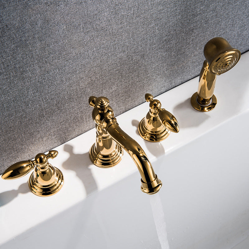 Gold and Chrome Roman Tub Filler Two Handle Deck-Mount Tub Faucet with Handshower Gold 4 Hole Faucets Clearhalo 'Bathroom Remodel & Bathroom Fixtures' 'Bathtub Faucets' 'bathtub_faucets' 'Home Improvement' 'home_improvement' 'home_improvement_bathtub_faucets' 6333774