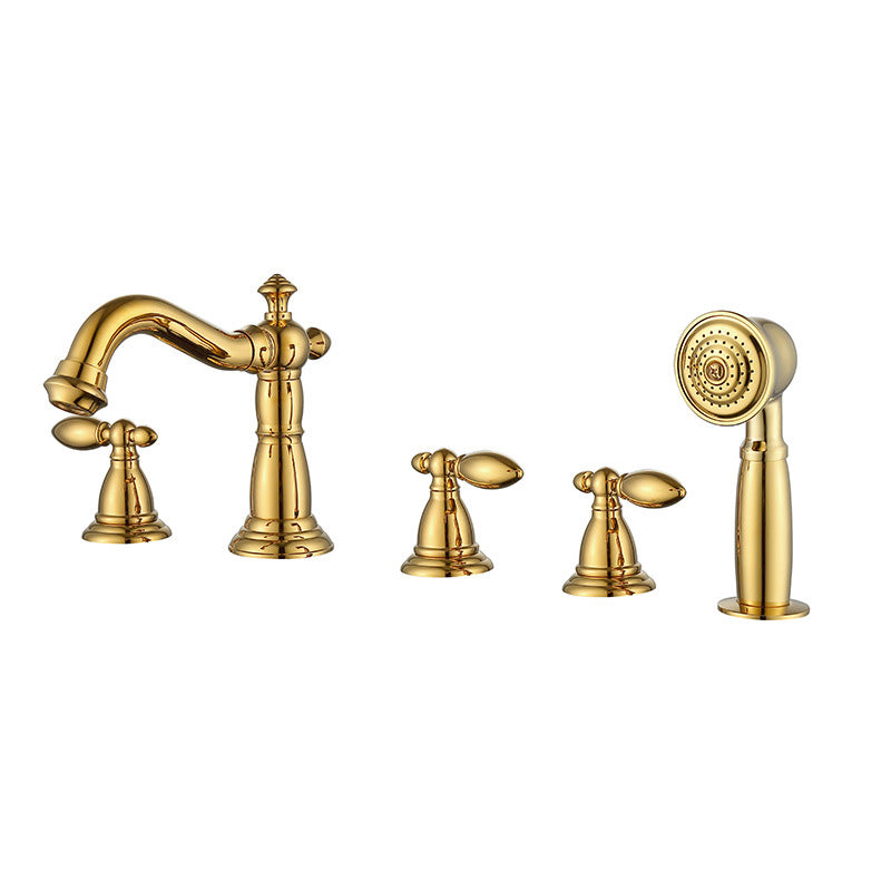 Gold and Chrome Roman Tub Filler Two Handle Deck-Mount Tub Faucet with Handshower Gold 5 Hole Faucets Clearhalo 'Bathroom Remodel & Bathroom Fixtures' 'Bathtub Faucets' 'bathtub_faucets' 'Home Improvement' 'home_improvement' 'home_improvement_bathtub_faucets' 6333775