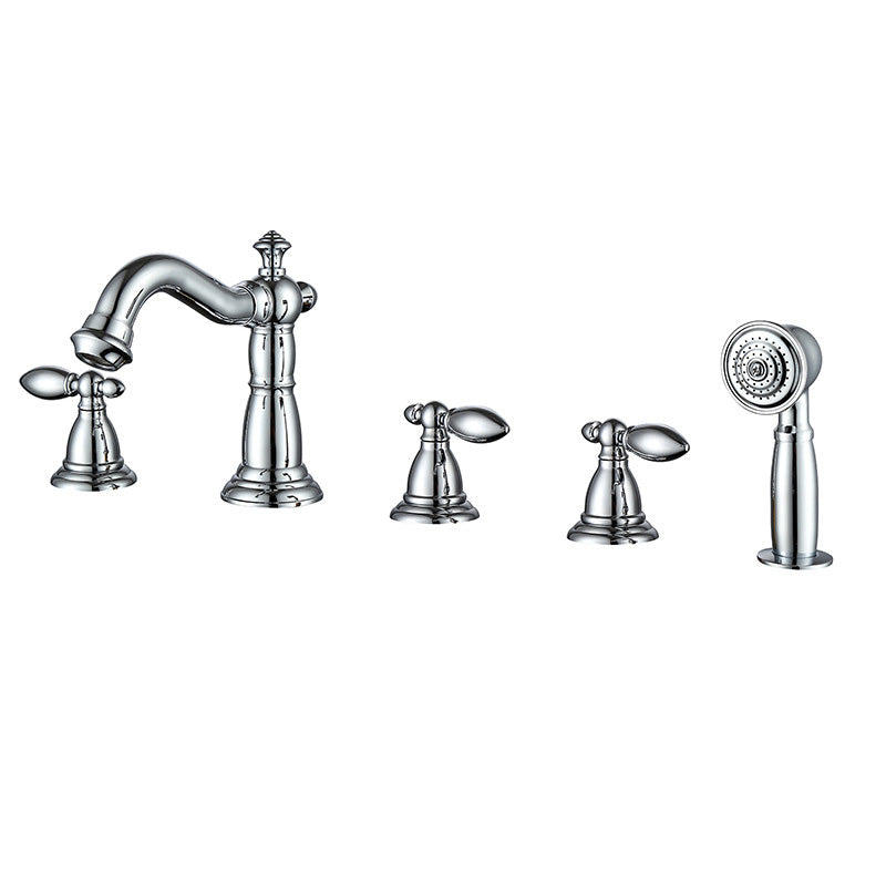 Gold and Chrome Roman Tub Filler Two Handle Deck-Mount Tub Faucet with Handshower Chrome 5 Hole Faucets Clearhalo 'Bathroom Remodel & Bathroom Fixtures' 'Bathtub Faucets' 'bathtub_faucets' 'Home Improvement' 'home_improvement' 'home_improvement_bathtub_faucets' 6333776