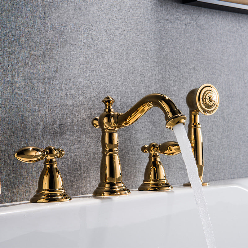 Gold and Chrome Roman Tub Filler Two Handle Deck-Mount Tub Faucet with Handshower Clearhalo 'Bathroom Remodel & Bathroom Fixtures' 'Bathtub Faucets' 'bathtub_faucets' 'Home Improvement' 'home_improvement' 'home_improvement_bathtub_faucets' 6333777