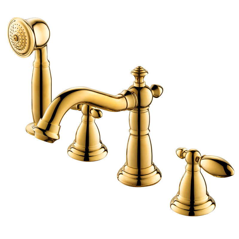 Gold and Chrome Roman Tub Filler Two Handle Deck-Mount Tub Faucet with Handshower Clearhalo 'Bathroom Remodel & Bathroom Fixtures' 'Bathtub Faucets' 'bathtub_faucets' 'Home Improvement' 'home_improvement' 'home_improvement_bathtub_faucets' 6333781