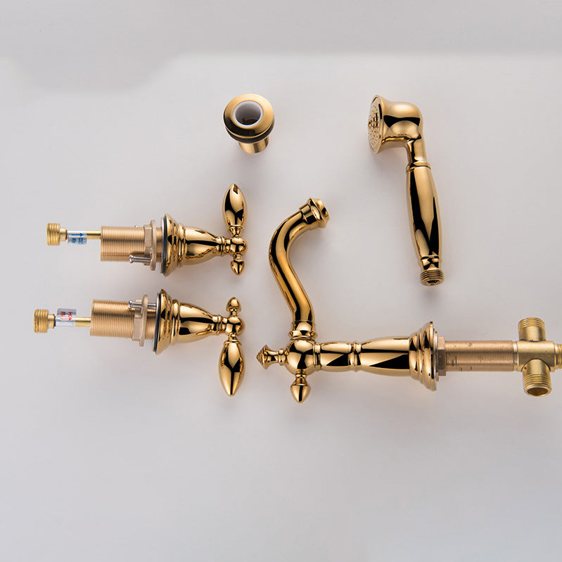 Gold and Chrome Roman Tub Filler Two Handle Deck-Mount Tub Faucet with Handshower Clearhalo 'Bathroom Remodel & Bathroom Fixtures' 'Bathtub Faucets' 'bathtub_faucets' 'Home Improvement' 'home_improvement' 'home_improvement_bathtub_faucets' 6333783