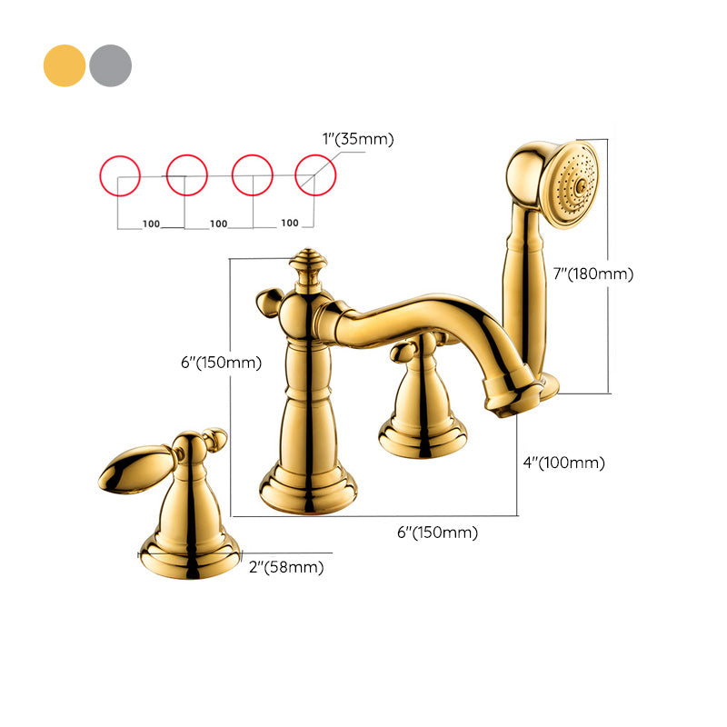 Gold and Chrome Roman Tub Filler Two Handle Deck-Mount Tub Faucet with Handshower Clearhalo 'Bathroom Remodel & Bathroom Fixtures' 'Bathtub Faucets' 'bathtub_faucets' 'Home Improvement' 'home_improvement' 'home_improvement_bathtub_faucets' 6333787