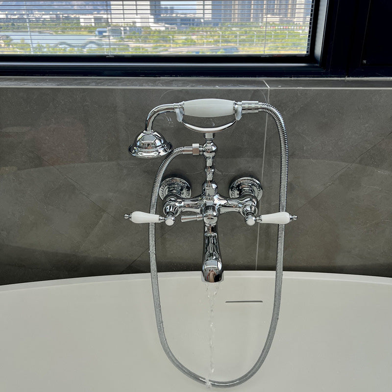 Gold and Silver Claw Foot Tub Faucet Wall Mounted 2-Handle Tub Filler with Handheld Shower Clearhalo 'Bathroom Remodel & Bathroom Fixtures' 'Bathtub Faucets' 'bathtub_faucets' 'Home Improvement' 'home_improvement' 'home_improvement_bathtub_faucets' 6333789