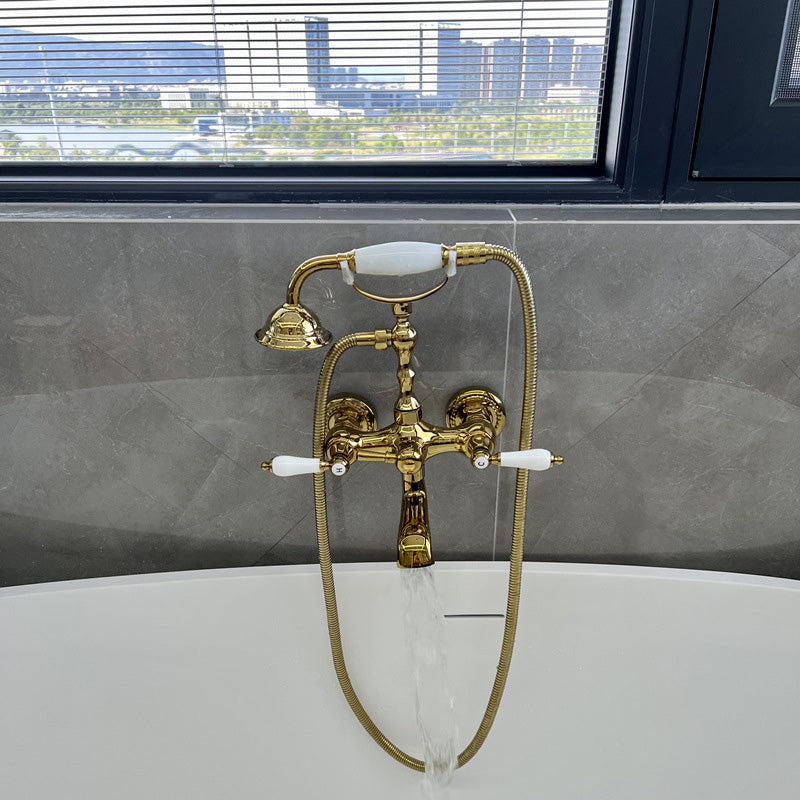 Gold and Silver Claw Foot Tub Faucet Wall Mounted 2-Handle Tub Filler with Handheld Shower Gold Lever Handles Clearhalo 'Bathroom Remodel & Bathroom Fixtures' 'Bathtub Faucets' 'bathtub_faucets' 'Home Improvement' 'home_improvement' 'home_improvement_bathtub_faucets' 6333790