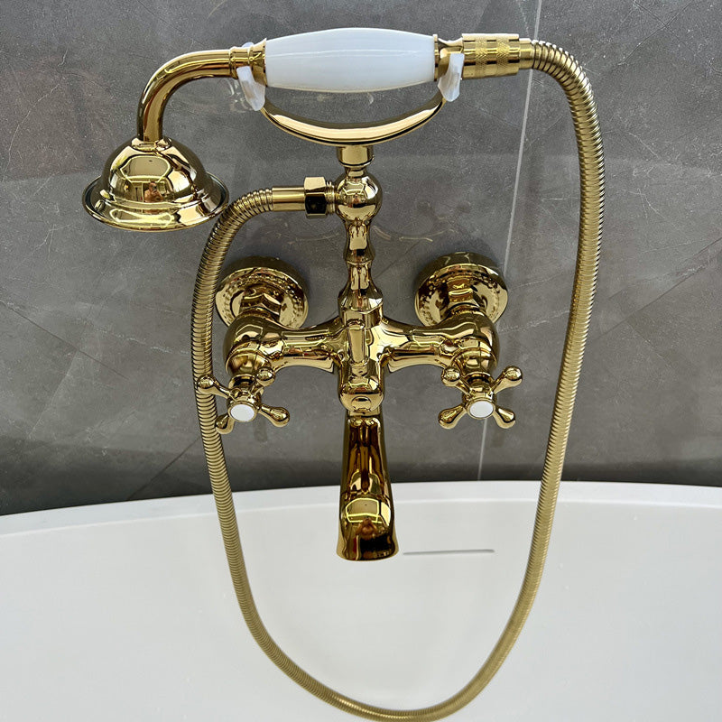 Gold and Silver Claw Foot Tub Faucet Wall Mounted 2-Handle Tub Filler with Handheld Shower Gold Cross Handles Clearhalo 'Bathroom Remodel & Bathroom Fixtures' 'Bathtub Faucets' 'bathtub_faucets' 'Home Improvement' 'home_improvement' 'home_improvement_bathtub_faucets' 6333791