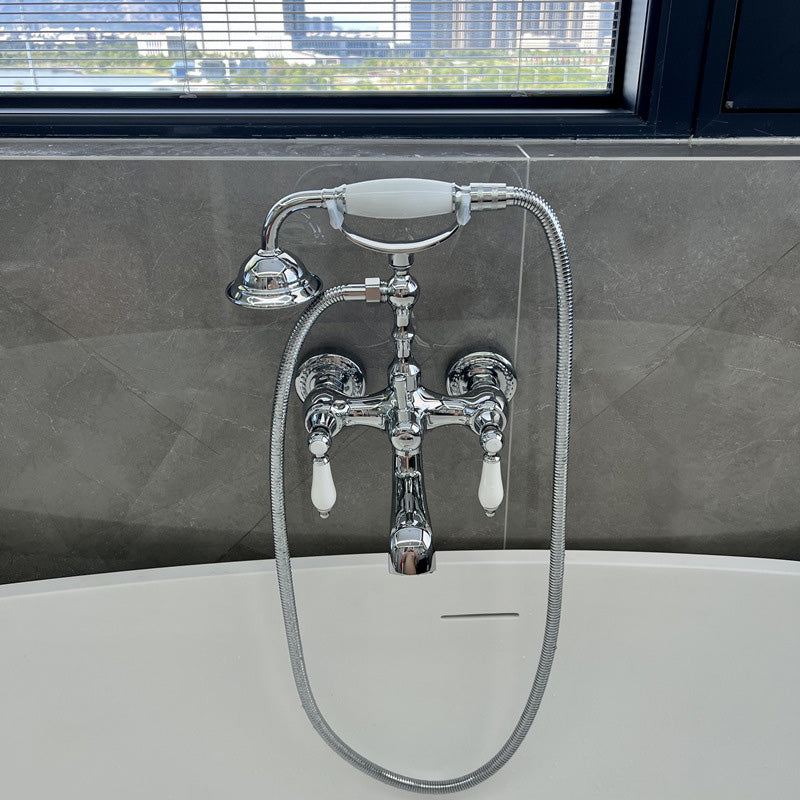 Gold and Silver Claw Foot Tub Faucet Wall Mounted 2-Handle Tub Filler with Handheld Shower Clearhalo 'Bathroom Remodel & Bathroom Fixtures' 'Bathtub Faucets' 'bathtub_faucets' 'Home Improvement' 'home_improvement' 'home_improvement_bathtub_faucets' 6333792