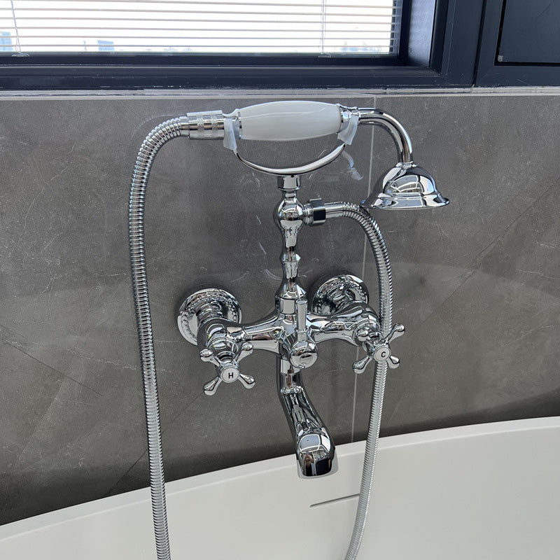 Gold and Silver Claw Foot Tub Faucet Wall Mounted 2-Handle Tub Filler with Handheld Shower Silver Cross Handles Clearhalo 'Bathroom Remodel & Bathroom Fixtures' 'Bathtub Faucets' 'bathtub_faucets' 'Home Improvement' 'home_improvement' 'home_improvement_bathtub_faucets' 6333795