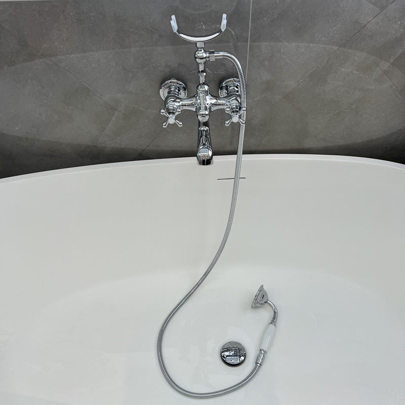 Gold and Silver Claw Foot Tub Faucet Wall Mounted 2-Handle Tub Filler with Handheld Shower Clearhalo 'Bathroom Remodel & Bathroom Fixtures' 'Bathtub Faucets' 'bathtub_faucets' 'Home Improvement' 'home_improvement' 'home_improvement_bathtub_faucets' 6333796