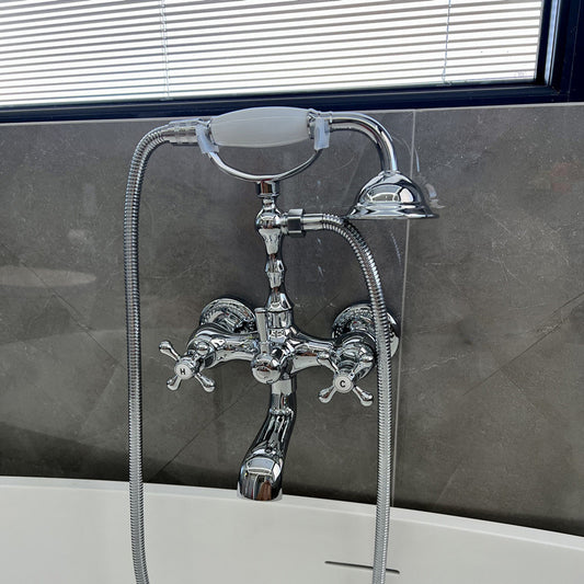 Gold and Silver Claw Foot Tub Faucet Wall Mounted 2-Handle Tub Filler with Handheld Shower Clearhalo 'Bathroom Remodel & Bathroom Fixtures' 'Bathtub Faucets' 'bathtub_faucets' 'Home Improvement' 'home_improvement' 'home_improvement_bathtub_faucets' 6333799