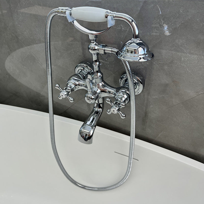 Gold and Silver Claw Foot Tub Faucet Wall Mounted 2-Handle Tub Filler with Handheld Shower Clearhalo 'Bathroom Remodel & Bathroom Fixtures' 'Bathtub Faucets' 'bathtub_faucets' 'Home Improvement' 'home_improvement' 'home_improvement_bathtub_faucets' 6333800