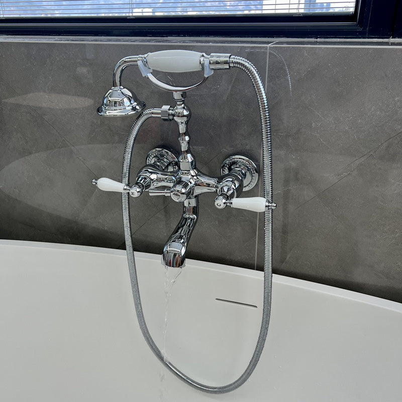Gold and Silver Claw Foot Tub Faucet Wall Mounted 2-Handle Tub Filler with Handheld Shower Clearhalo 'Bathroom Remodel & Bathroom Fixtures' 'Bathtub Faucets' 'bathtub_faucets' 'Home Improvement' 'home_improvement' 'home_improvement_bathtub_faucets' 6333803