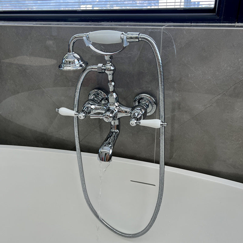 Gold and Silver Claw Foot Tub Faucet Wall Mounted 2-Handle Tub Filler with Handheld Shower Clearhalo 'Bathroom Remodel & Bathroom Fixtures' 'Bathtub Faucets' 'bathtub_faucets' 'Home Improvement' 'home_improvement' 'home_improvement_bathtub_faucets' 6333803