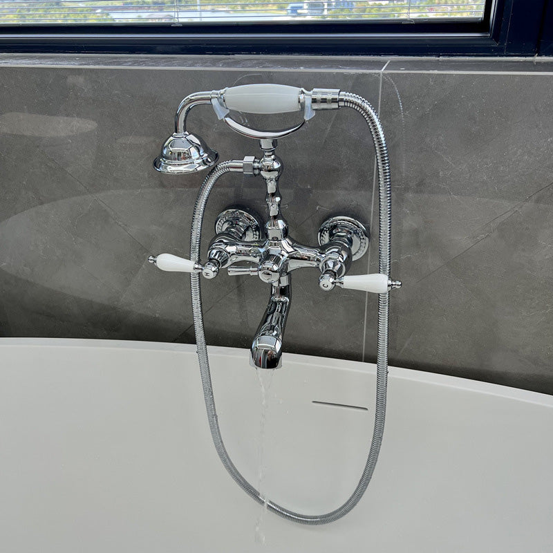 Gold and Silver Claw Foot Tub Faucet Wall Mounted 2-Handle Tub Filler with Handheld Shower Clearhalo 'Bathroom Remodel & Bathroom Fixtures' 'Bathtub Faucets' 'bathtub_faucets' 'Home Improvement' 'home_improvement' 'home_improvement_bathtub_faucets' 6333806
