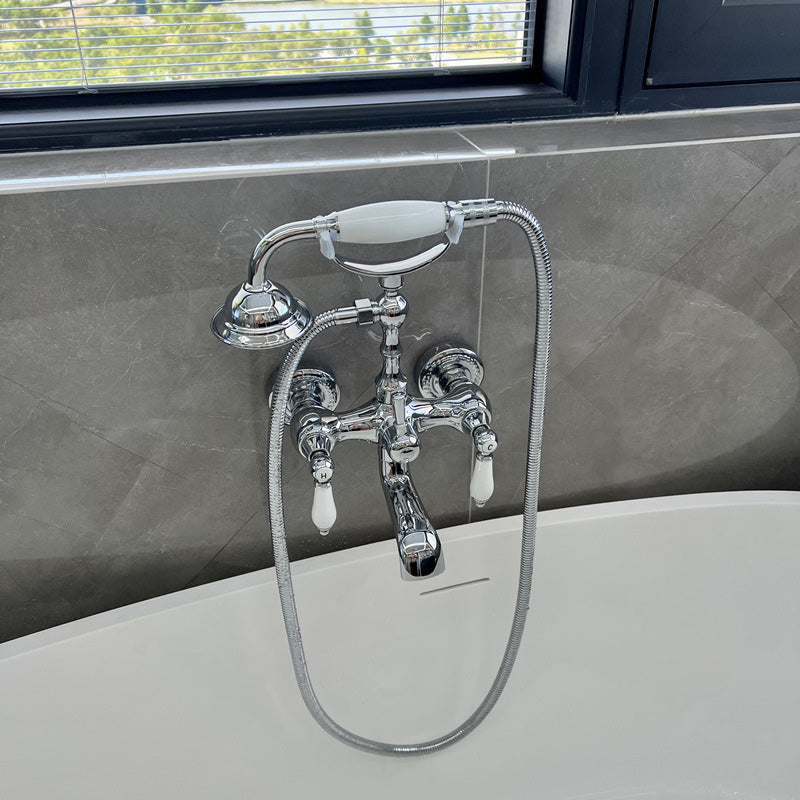 Gold and Silver Claw Foot Tub Faucet Wall Mounted 2-Handle Tub Filler with Handheld Shower Clearhalo 'Bathroom Remodel & Bathroom Fixtures' 'Bathtub Faucets' 'bathtub_faucets' 'Home Improvement' 'home_improvement' 'home_improvement_bathtub_faucets' 6333807