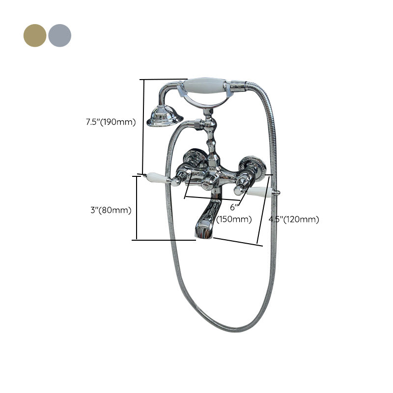 Gold and Silver Claw Foot Tub Faucet Wall Mounted 2-Handle Tub Filler with Handheld Shower Clearhalo 'Bathroom Remodel & Bathroom Fixtures' 'Bathtub Faucets' 'bathtub_faucets' 'Home Improvement' 'home_improvement' 'home_improvement_bathtub_faucets' 6333809