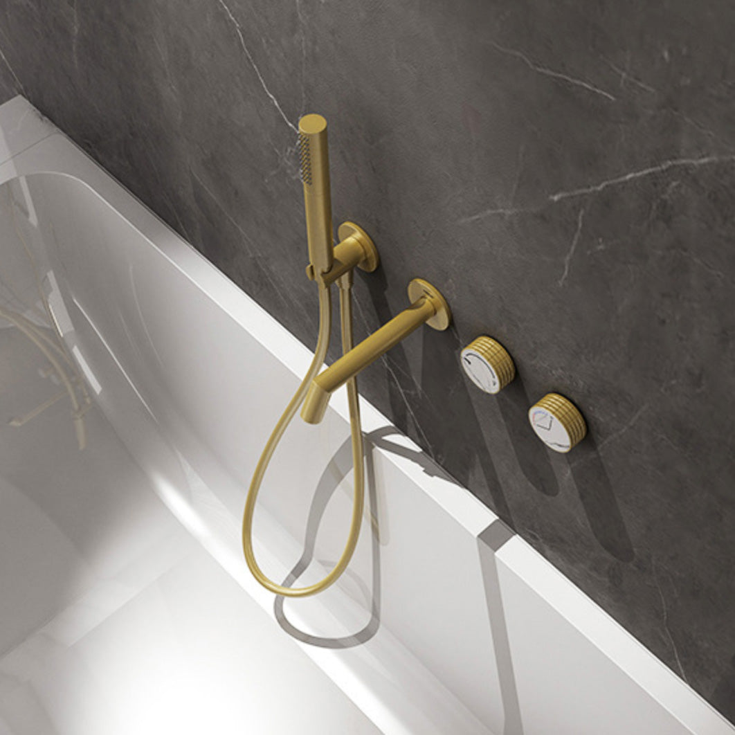 Wall Mounted Tub Faucet 2 Handle Valve Tub Spout Trim with Hand Shower Gold Clearhalo 'Bathroom Remodel & Bathroom Fixtures' 'Bathtub Faucets' 'bathtub_faucets' 'Home Improvement' 'home_improvement' 'home_improvement_bathtub_faucets' 6333812